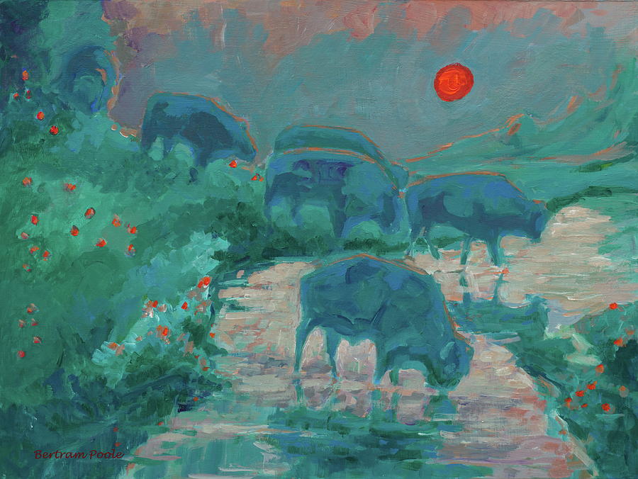 Bison Crossing Stream at Sunrise Blue Painting by Thomas Bertram POOLE
