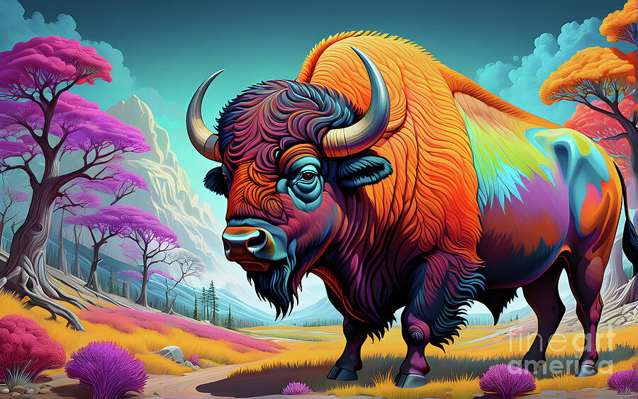 Bison Digital Art - Bison grazing in psychedelic meadows by Sen Tinel