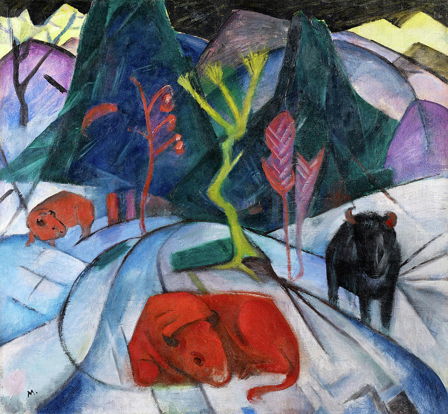Bison in winter, red bison Painting by Franz Marc