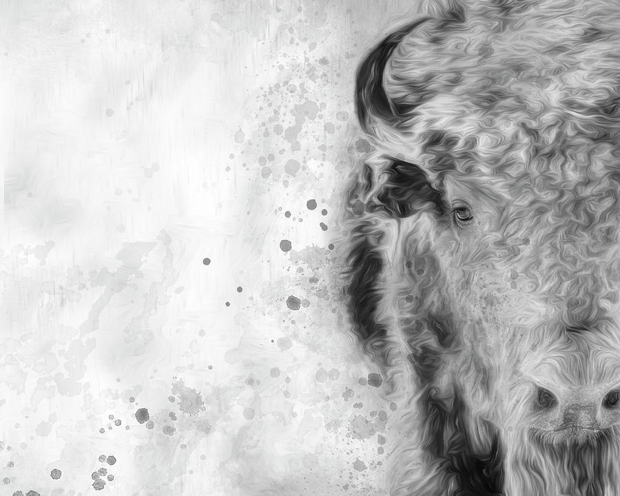 Bison Portrait Black And White Painting by Ann Powell