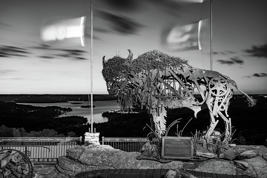 Bison Sculpture Over Table Rock Lake - Black and White Photograph by Gregory Ballos