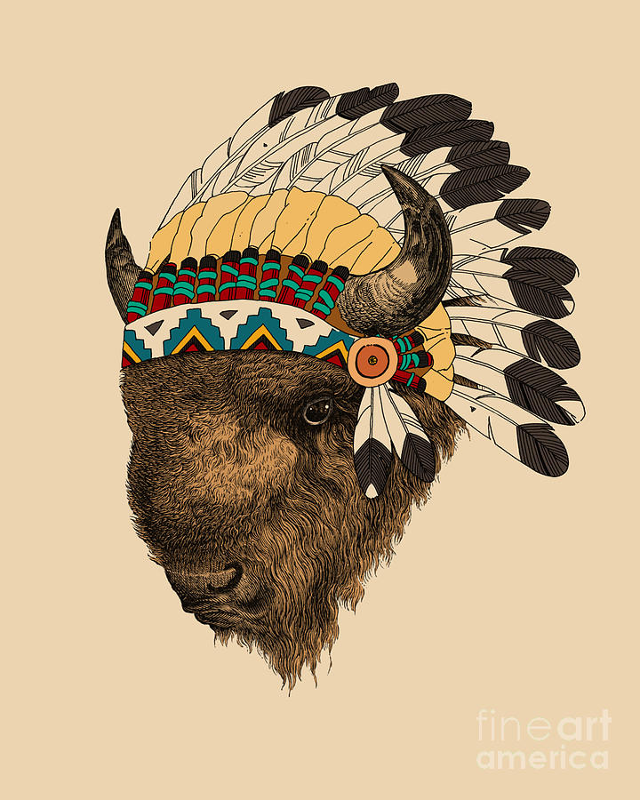 Bison with feathered headdress Mixed Media by Madame Memento - Fine Art ...