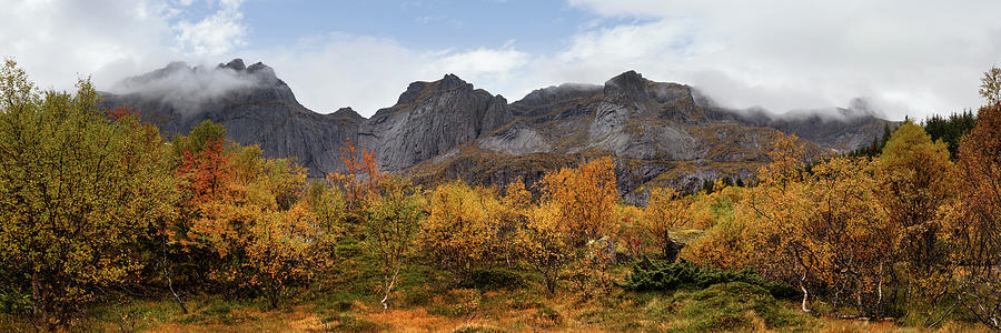Bjorntinden Nusfjord autumn trees Lofoten Islands Photograph by Sonny Ryse