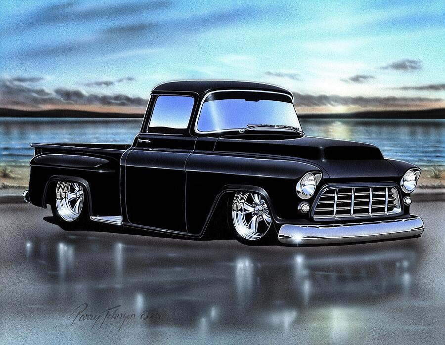 1955 Chevy Truck Painting - Black 1955 Chevy 3100 Stepside by Parry Johnson