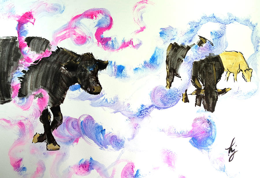 Black and gold cattle and pink and blue surreal dream painting Painting by Mike Jory
