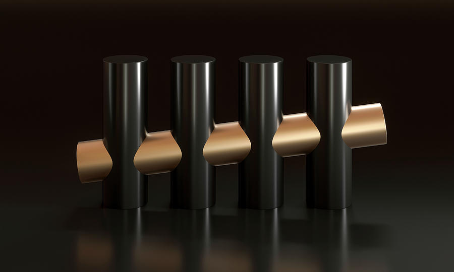 Black And Gold Cylinders, Minimal Abstract Geometric Background. Photograph by Gualtiero Boffi