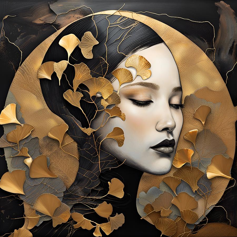Black and Gold Kintsugi Woman and Ginkgo Leaves Digital Art by Judi Suni Hall