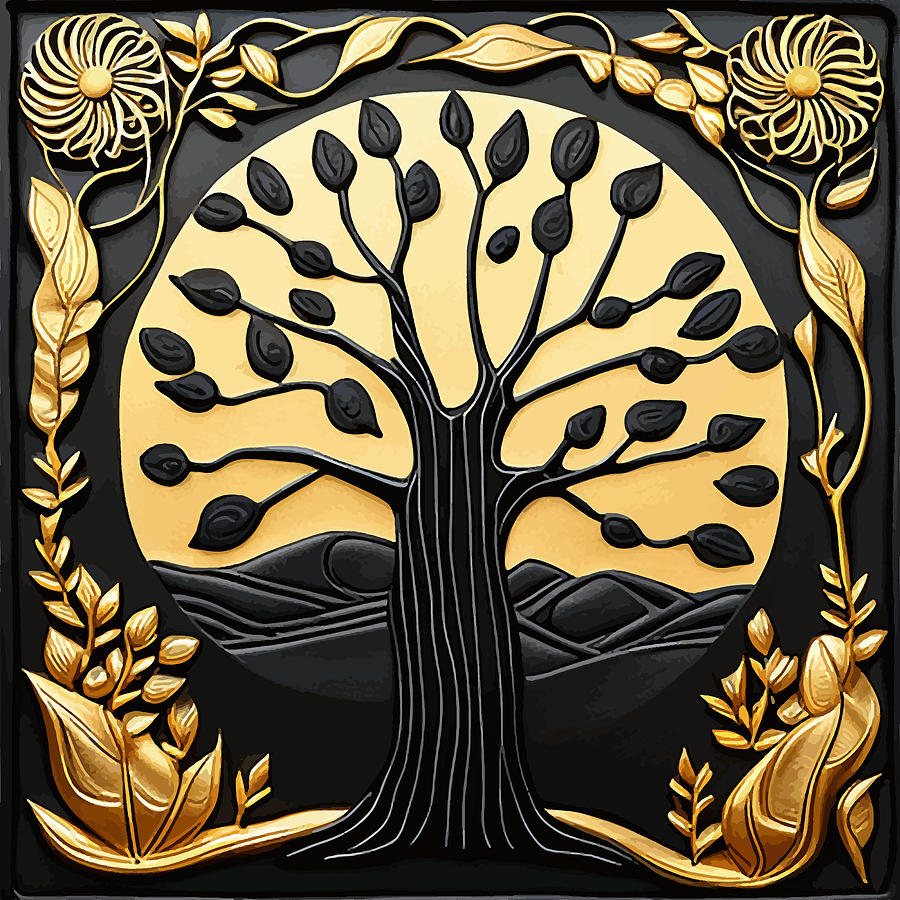 Abstract Digital Art - Black and Gold Tree by Vicky Brago-Mitchell