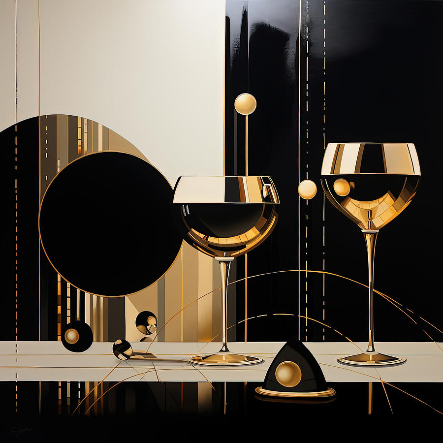 Black and Gold Wine Cocktail Glasses Art - Cocktail Art Painting by Lourry Legarde