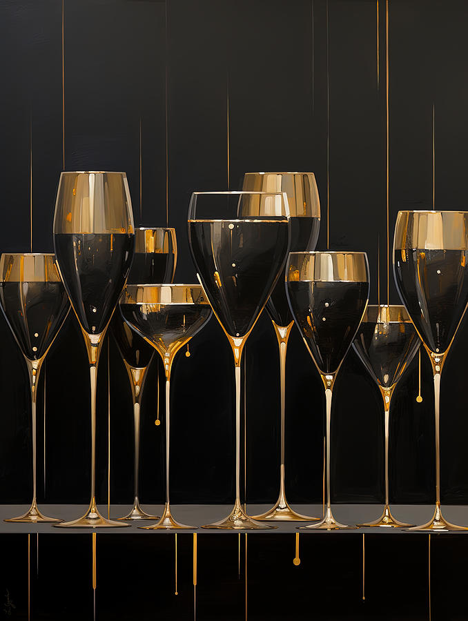 Black And Gold Wine Glass Art - Modern Wine Art Painting