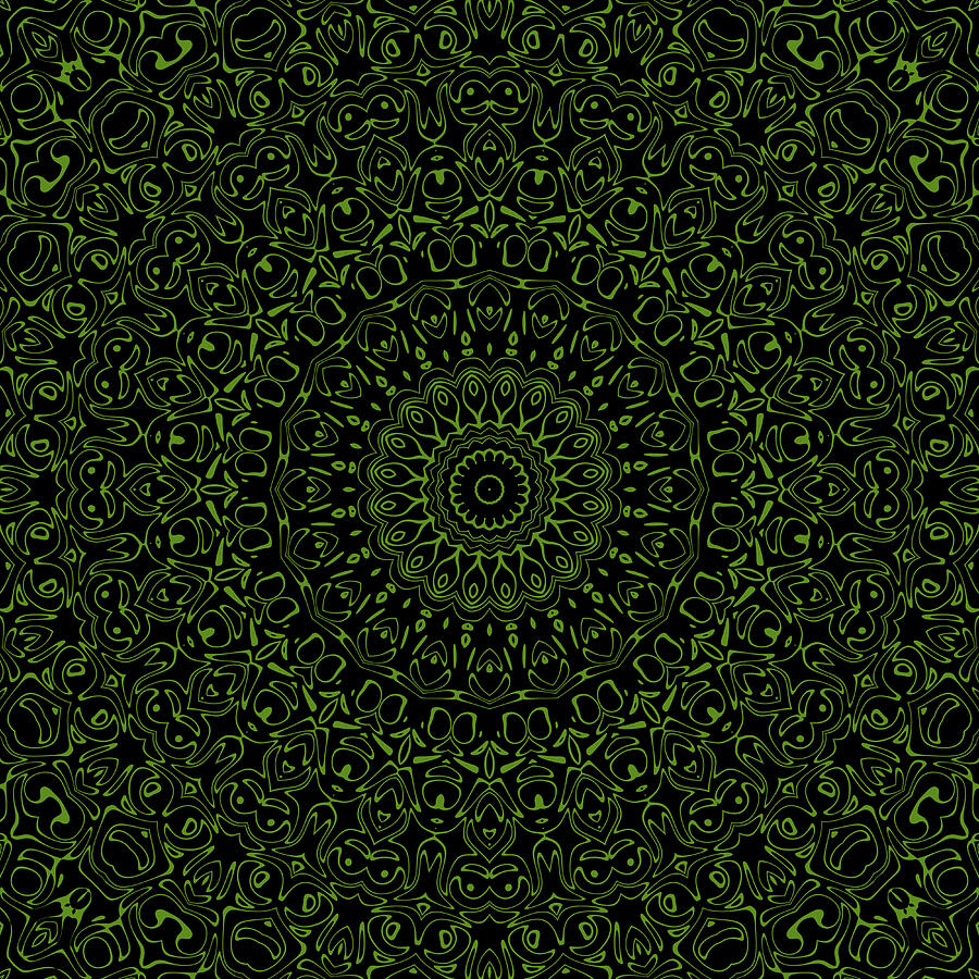 Black and Green Mandala Kaleidoscope Medallion Flower Digital Art by Mercury McCutcheon