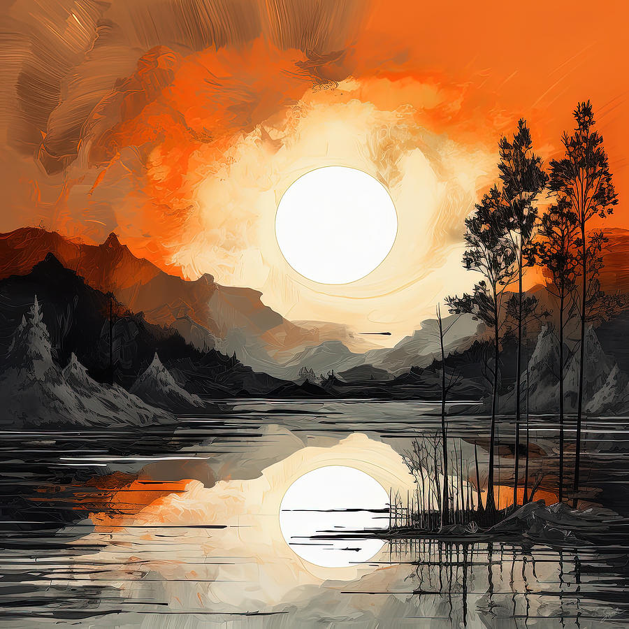 Moonlit Landscape Painting - Black and Orange Sunset Mountains Art by Lourry Legarde