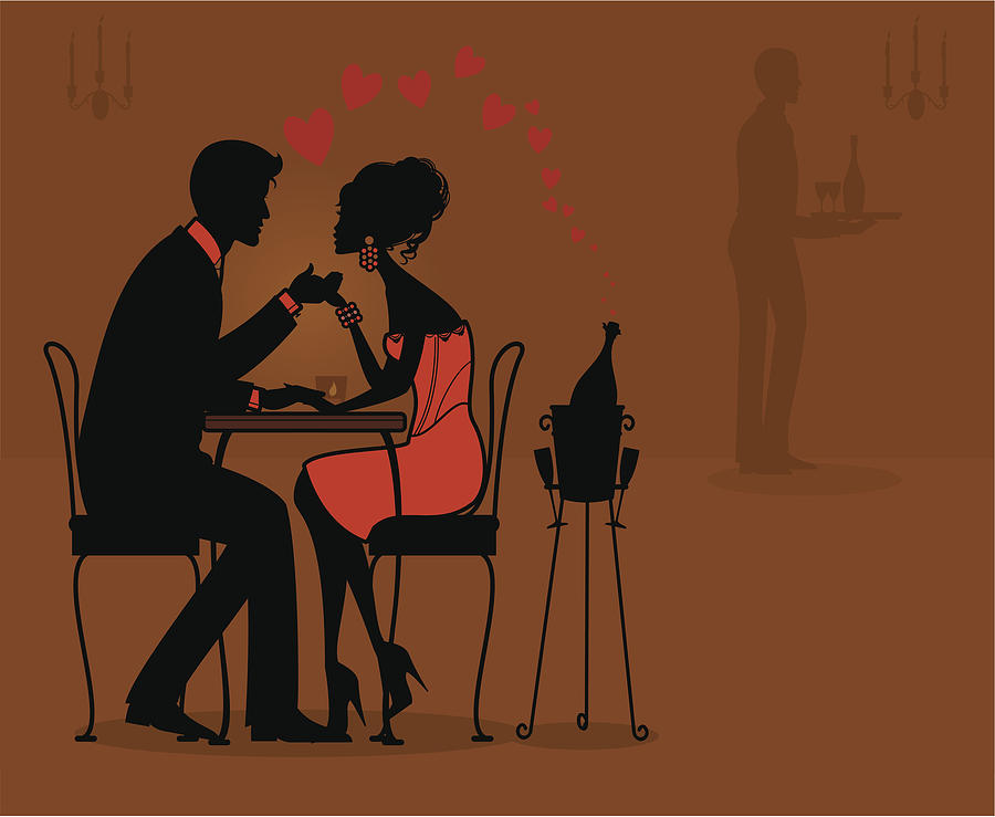 Black and pink illustration of a couple at a romantic dinner Drawing by TheresaTibbetts
