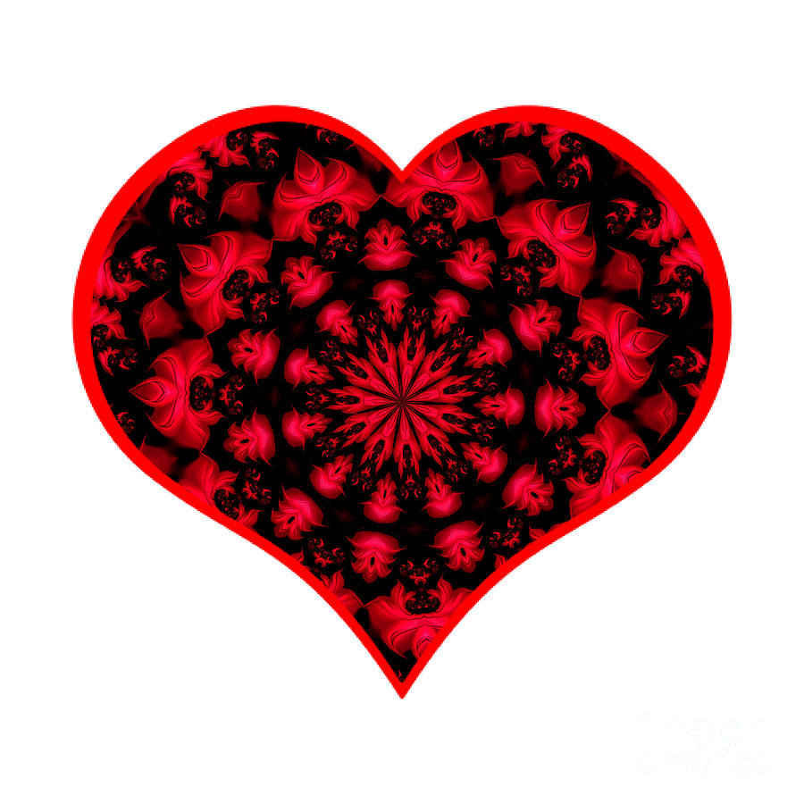 Abstract Digital Art - Black and Red Abstract Fractal Mandala Heart by Rose Santuci-Sofranko