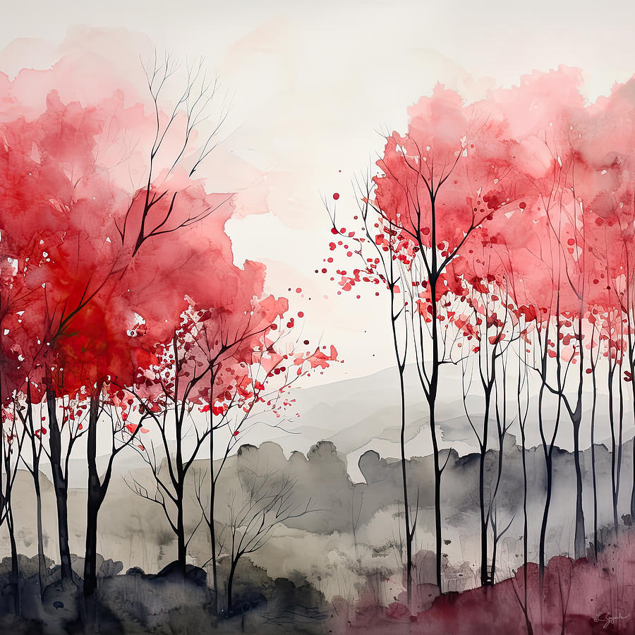 Fall Painting - Black and Red Modern Landscapes by Lourry Legarde