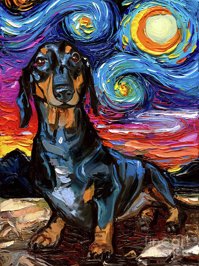 Black and Tan Dachshund Night 2 Painting by Aja Trier