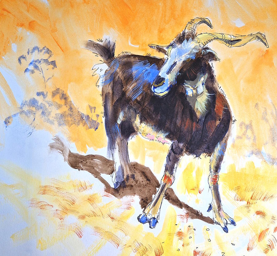 Black and tan Spanish goat orange background painting Painting by Mike Jory