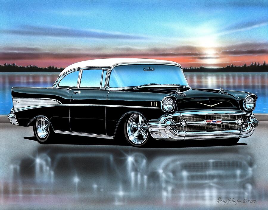 Black and White 1957 Chevy Bel Air Sedan Painting by Parry Johnson ...