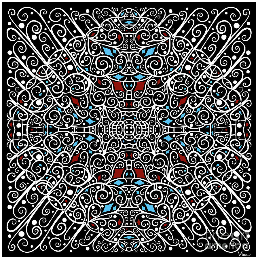 Black and White Abstract Filigree Design with Blue and Turquoise Diamonds Mixed Media by Lise Winne