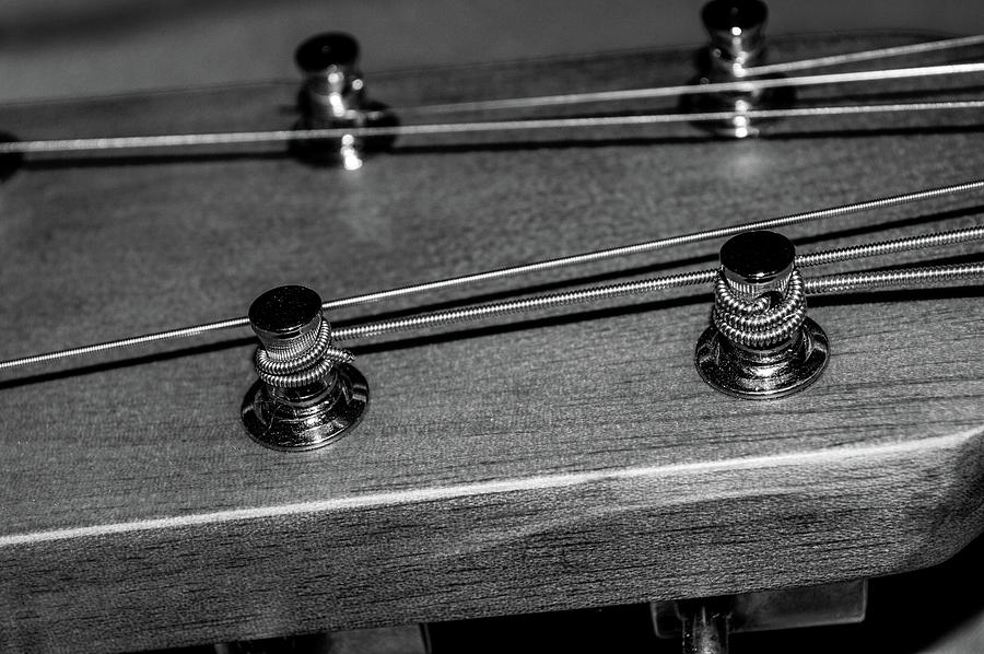 black and white Acoustic guitar headstock  Photograph by Jennifer Wallace