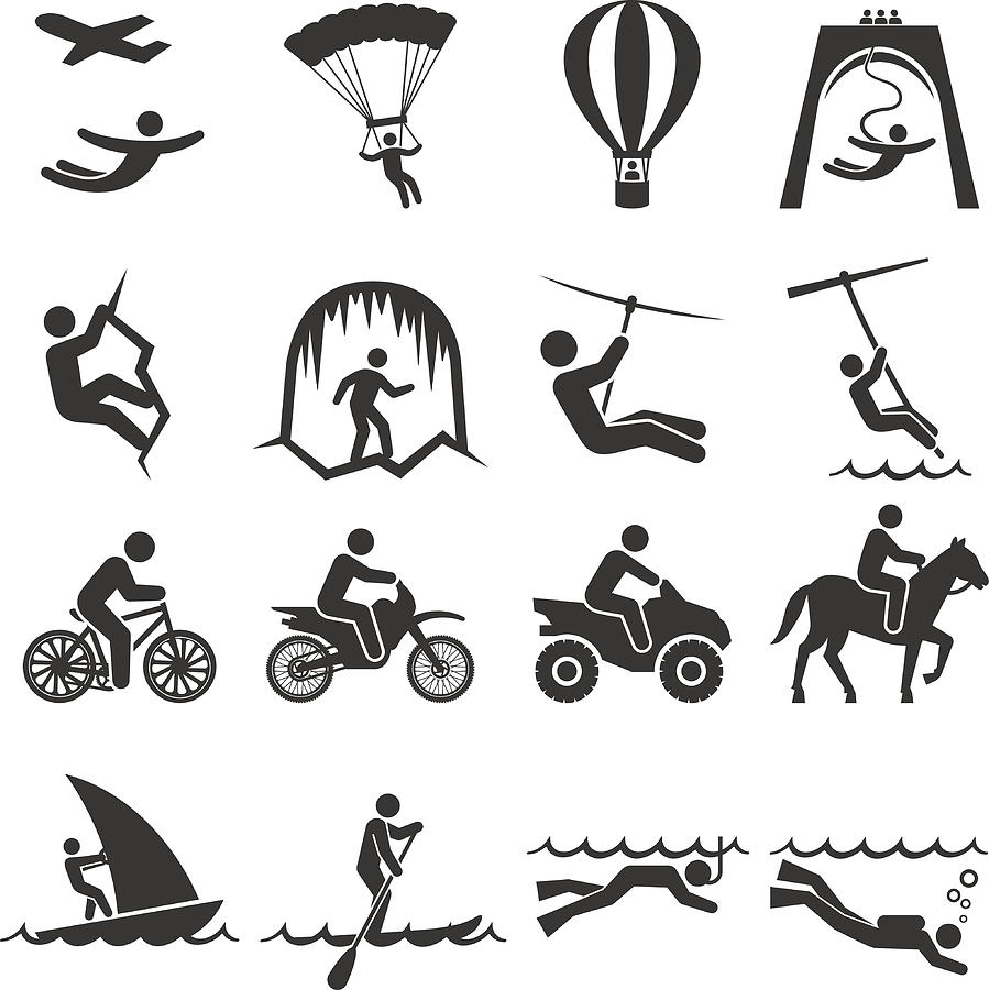 Black-and-white adventure travel icon set Drawing by Bubaone