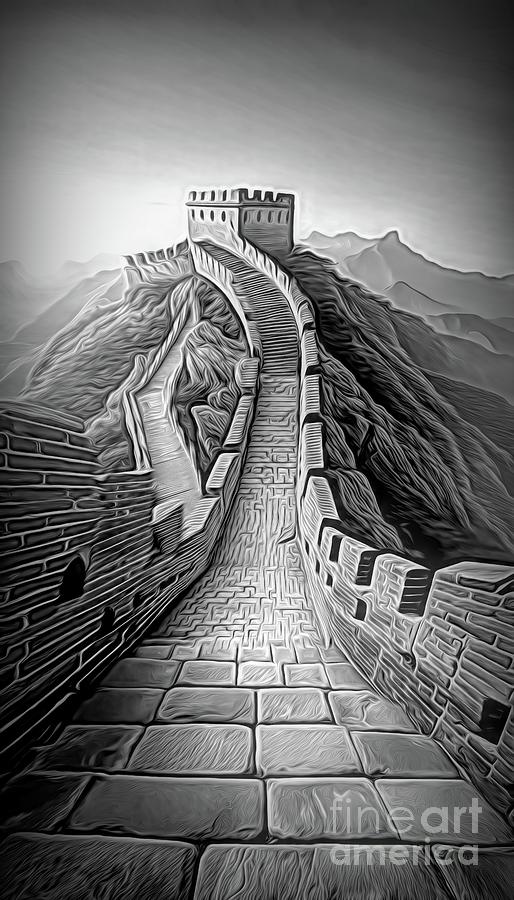 Black and White AI Art The Great Wall of China Abstract Expressionism Digital Art by Rose Santuci-Sofranko