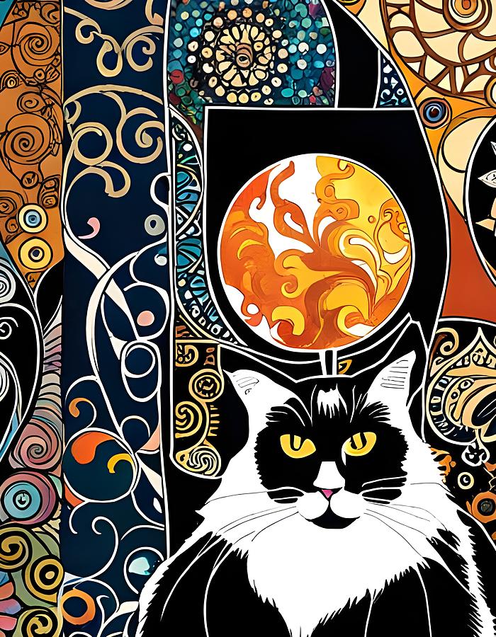 Black and White Cat With Decorative Boho Collage Background Digital Art ...