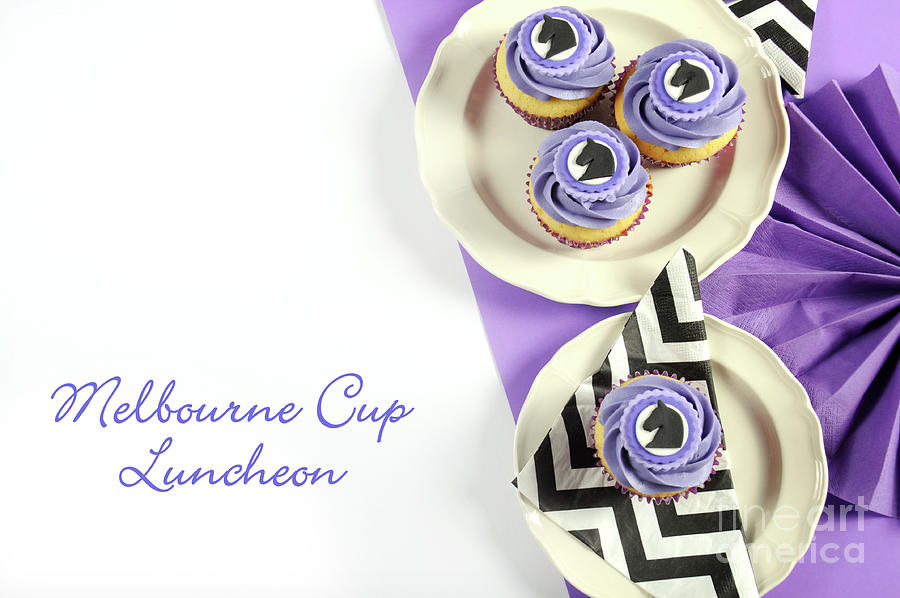 Black and white chevron with purple theme party luncheon table place setting for Melbourne Cup Photograph by Milleflore Images