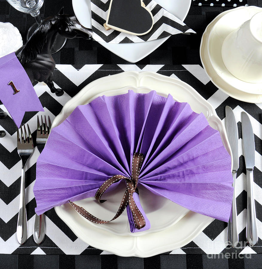 Black and white chevron with purple theme party luncheon table place setting Photograph by Milleflore Images