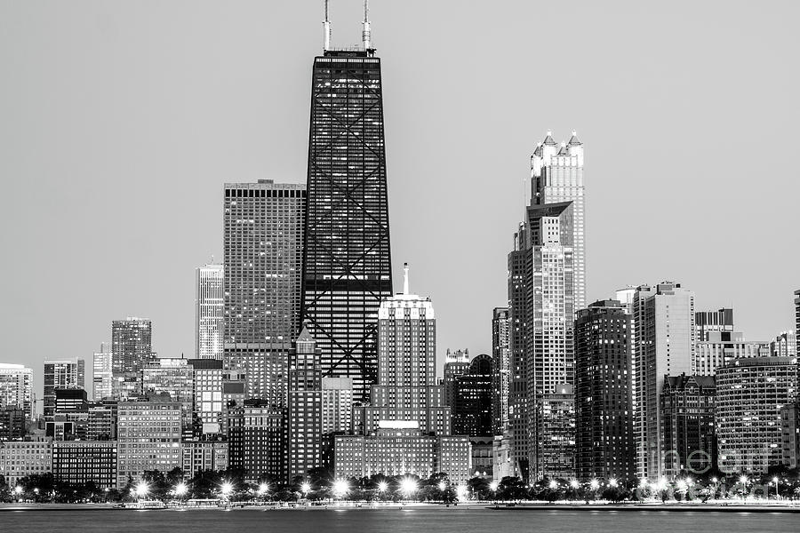 Black and White Chicago Skyline at Night Photo Photograph by Paul Velgos