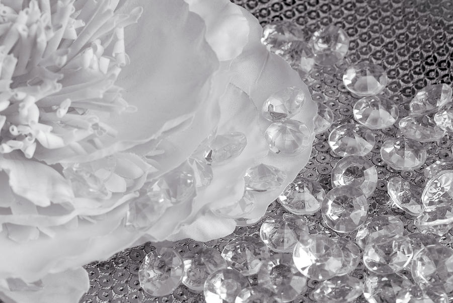 Black And White Close Up Of  Diamonds On P Textured With Accessories Photograph by Severija Kirilovaite