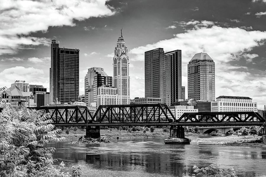 Black and White Columbus Ohio Bridge and Skyline From North Bank Park Photograph by Gregory Ballos