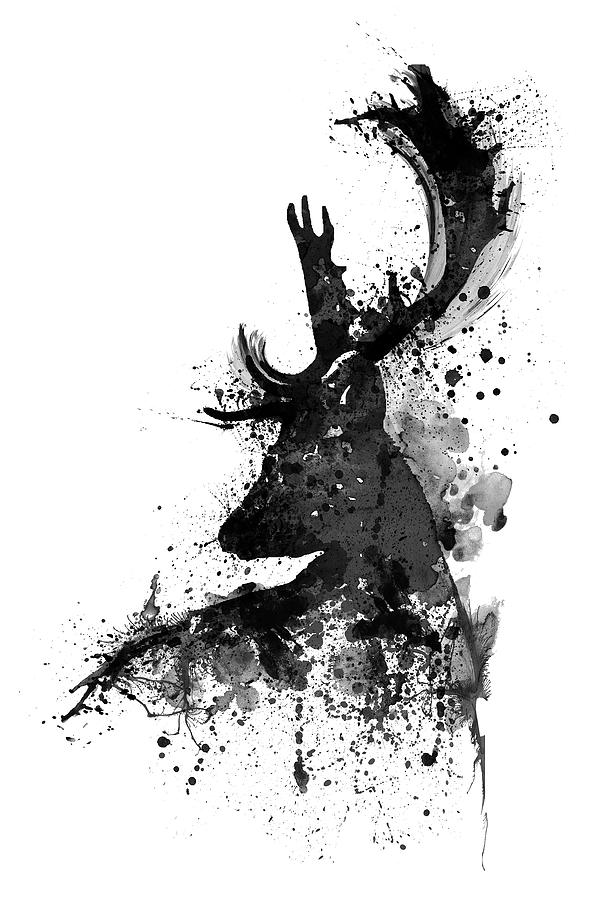 Black And White Painting - Black and White Deer Head Watercolor Silhouette by Marian Voicu