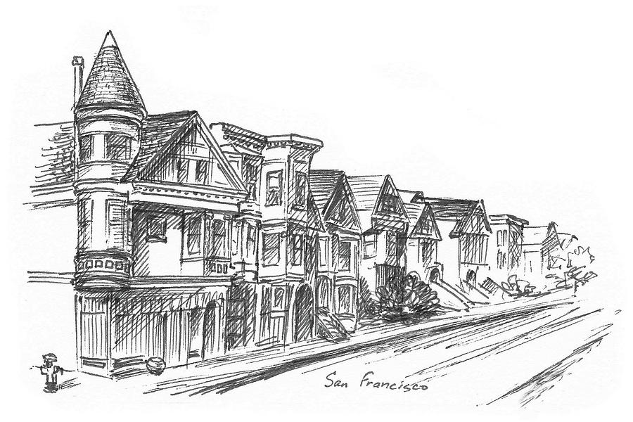 Black And White Drawing Of Fulton Street San Francisco  Painting by Irina Sztukowski