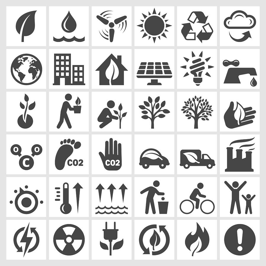 Black and white environmental conservation icons Drawing by Bubaone