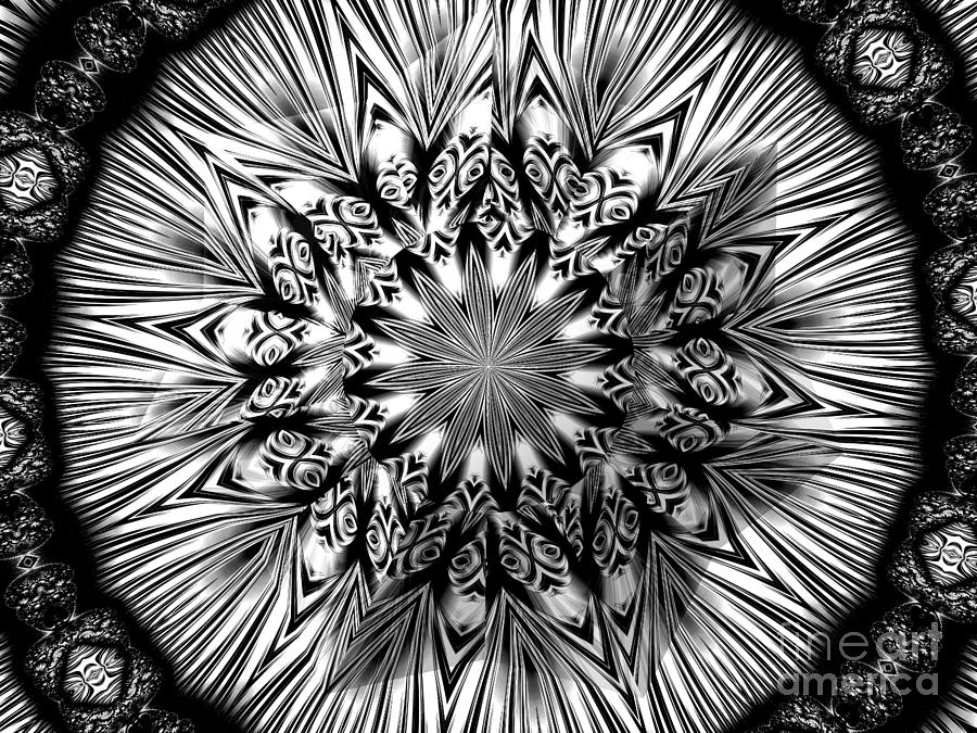 Black and White Exploding Supernova Star Fractal Abstract Kaleidoscope Mandala Digital Art by Rose Santuci-Sofranko