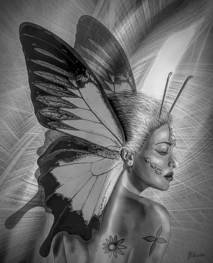 Black And White Fairytale Butterfly Woman Drawing by Joan Stratton