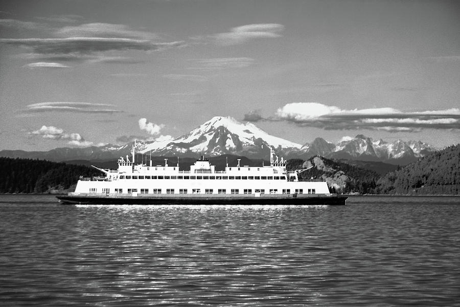 Black And White Ferry Foreground Mount Baker Photograph