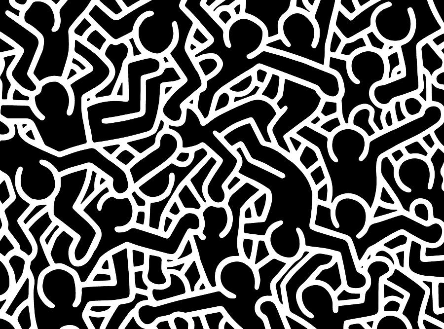 Abstract Drawing - Black And White Figures by Keith Haring
