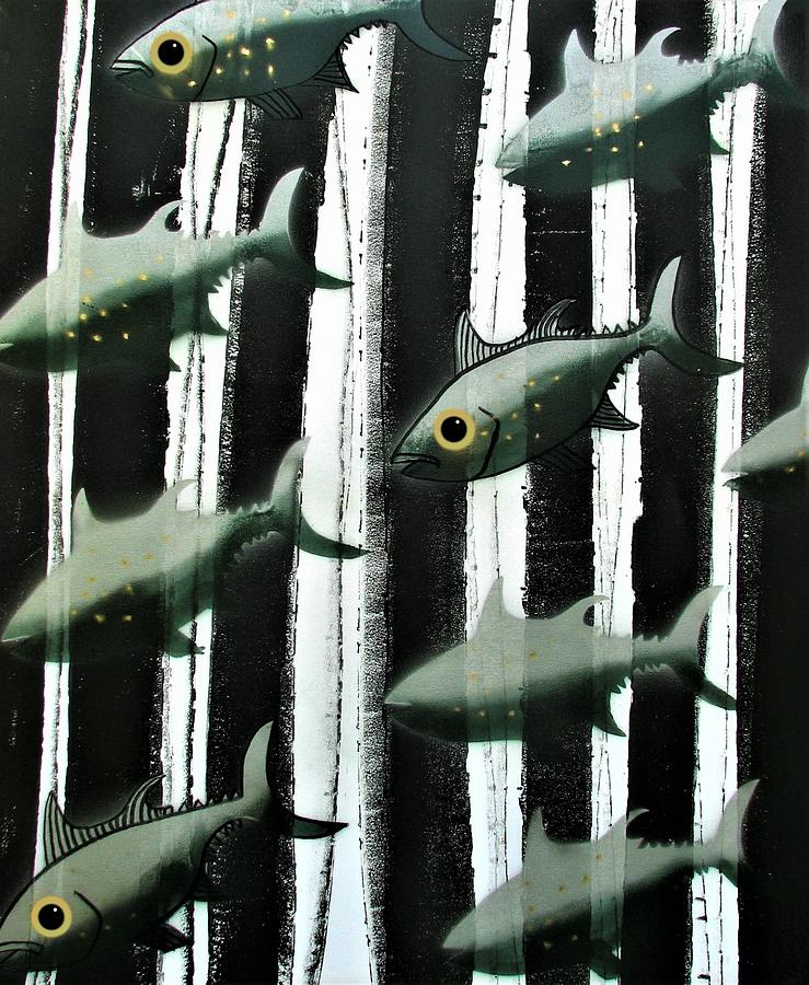 Black and White Fish Painting by Joan Stratton