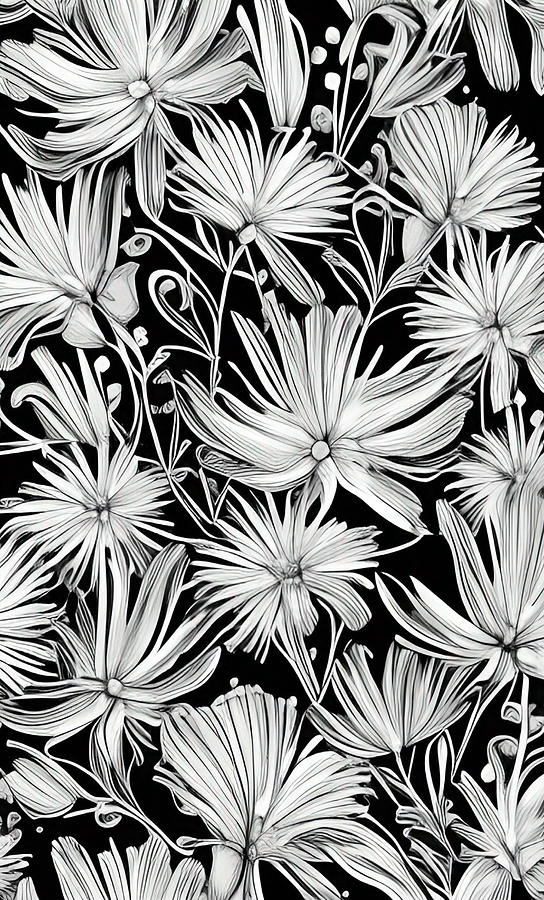 Black and White Floral Line Art No1 Digital Art by Bonnie Bruno