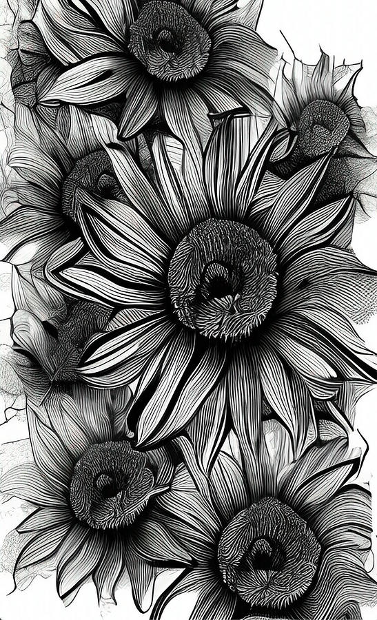 Black and White Floral Line Art No2 Digital Art by Bonnie Bruno