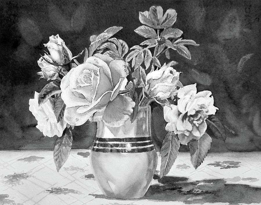 Black And White Gorgeous Rose Flower Bouquet  Painting by Irina Sztukowski