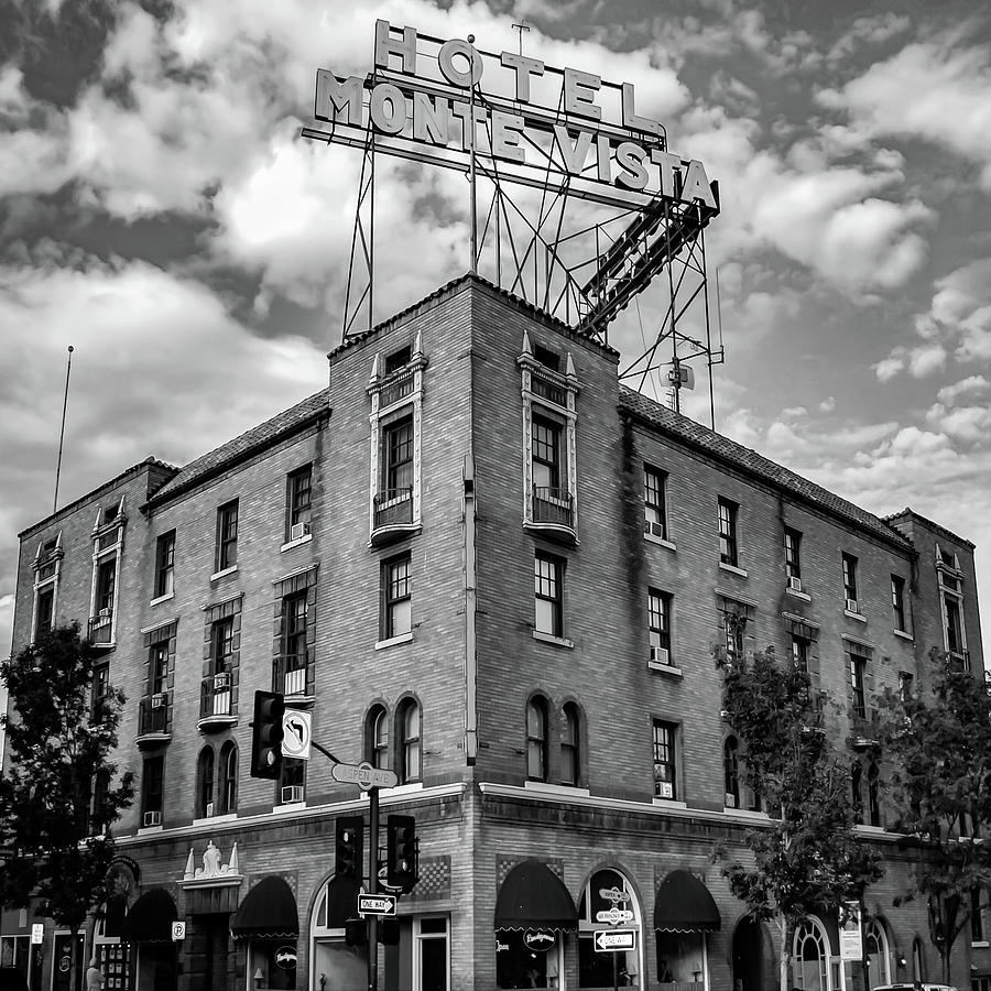 Black And White Photograph - Black and White Historic Hotel Monte Vista Along Route 66 - Flagstaff Arizona by Gregory Ballos