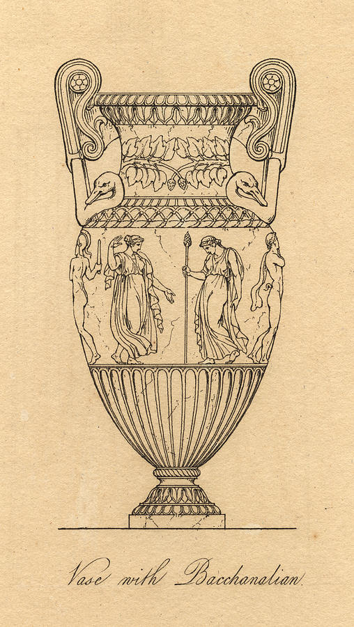 Black and White Illustration of Beautifully Decorated Ancient Greek Vase Drawing by Ideabug