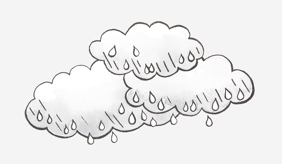 Black and white illustration of rain clouds and raindrops Drawing by Dorling Kindersley