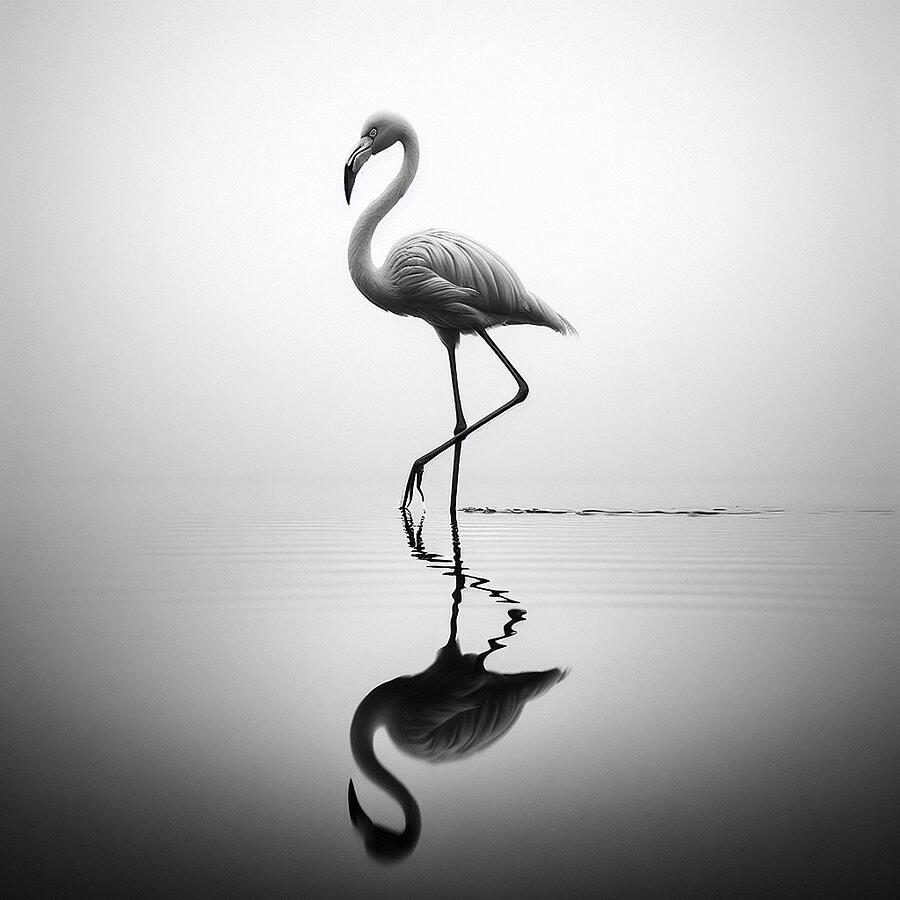 Black and White Image of a Solitary Flamingo and its Reflective Beauty Digital Art by Artfinity X Black and White Image of a Solitary Flamingo and its Reflective Beauty Digital Art by Artfinity X