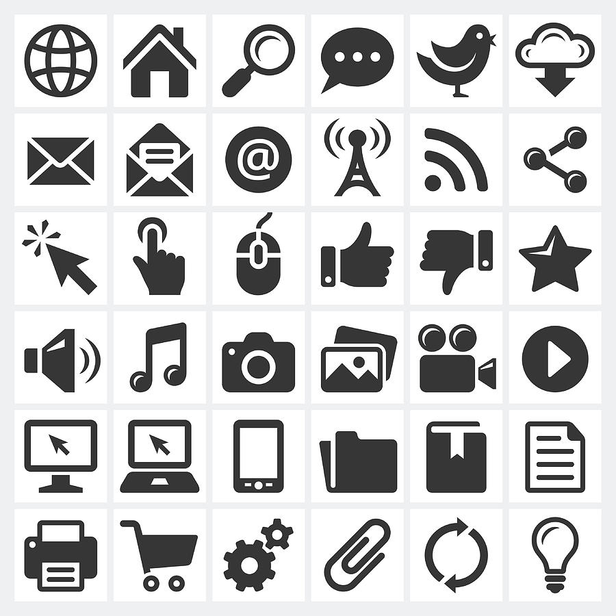 Black and white internet icon set Drawing by Bubaone