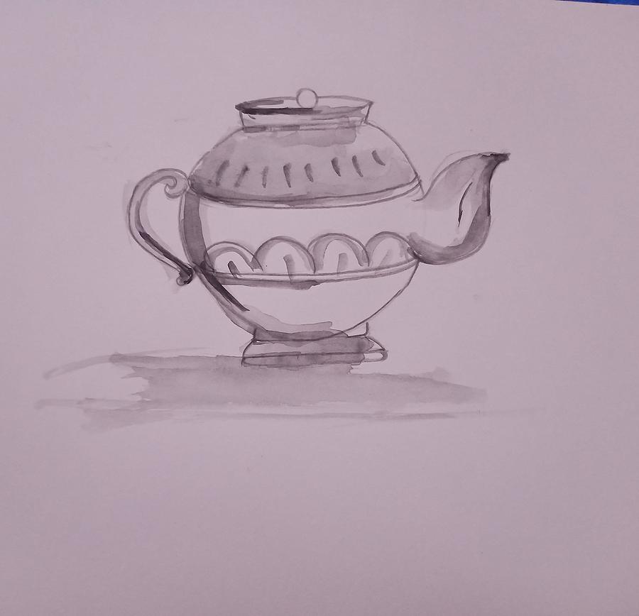 Sketch tea. Hand drawn tea leaves, mugs and kettle. Dried he
