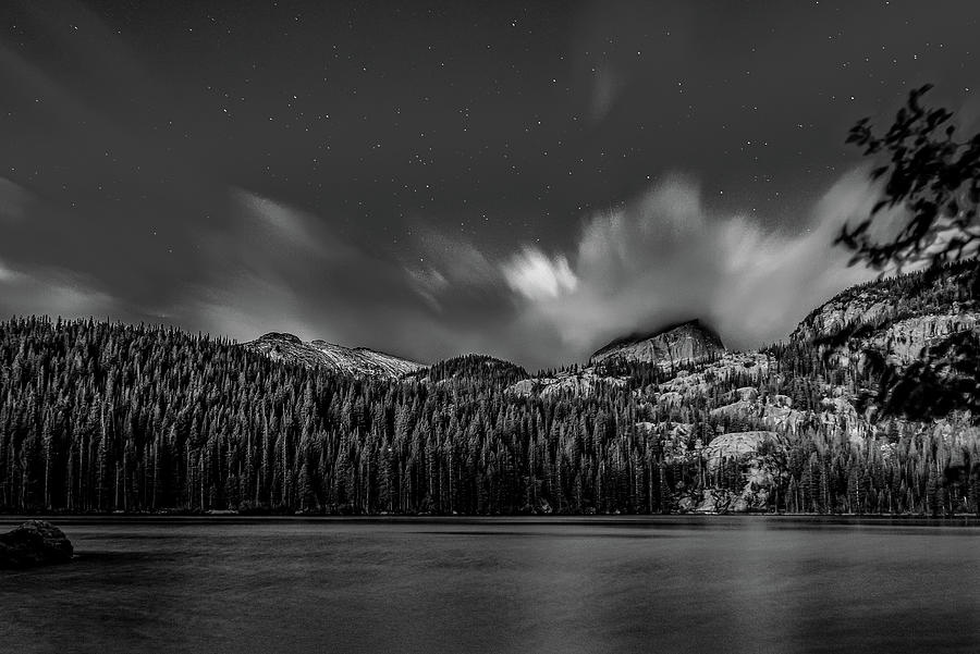 Black and white lake with stars Photograph by Greg Wyatt